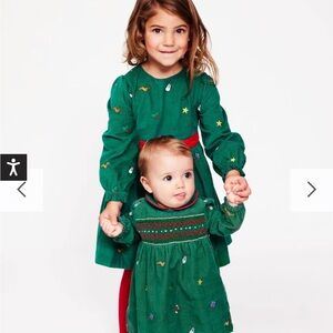 Mini Boden Holiday Jewel Green Embroidered Corduroy Holiday Dress 2-3 Yrs